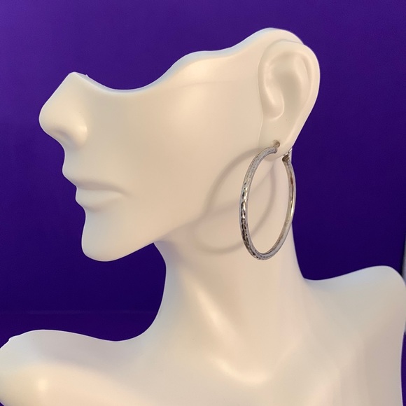 Sterling Silver Textured Hoops 925 - Picture 2 of 9